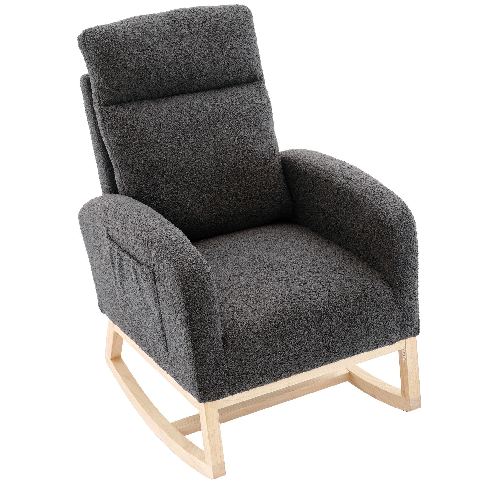 Modern Upholstered Rocking Chair with Solid Wood Legs, High Backrest, Side Pocket, and Comfy Armrests – Nursery Glider and Living Room Accent Chair