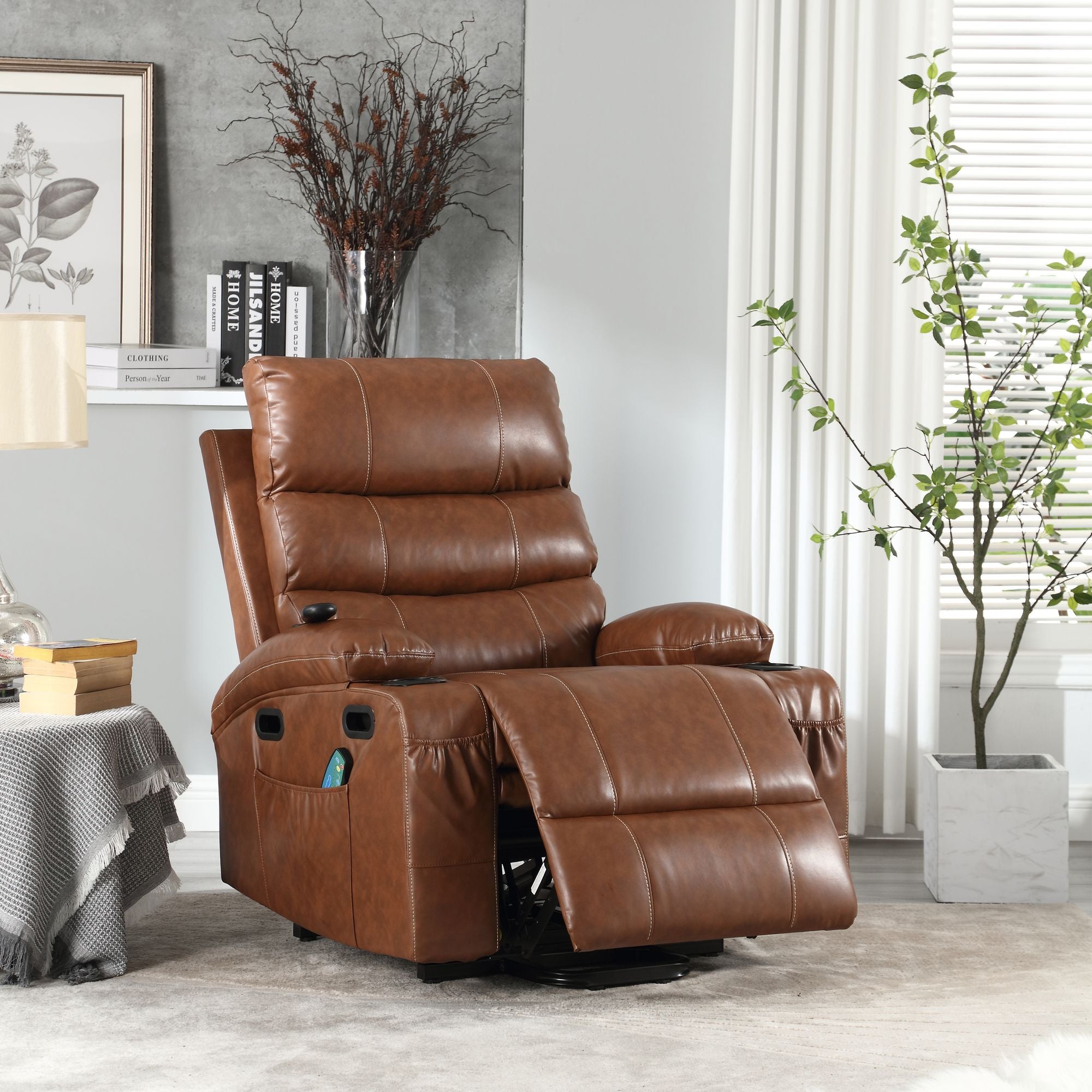 21" Wide Electric Lift Recliner for Elderly, Massage, Heat, Remote, Cup Holders, and Side Pockets