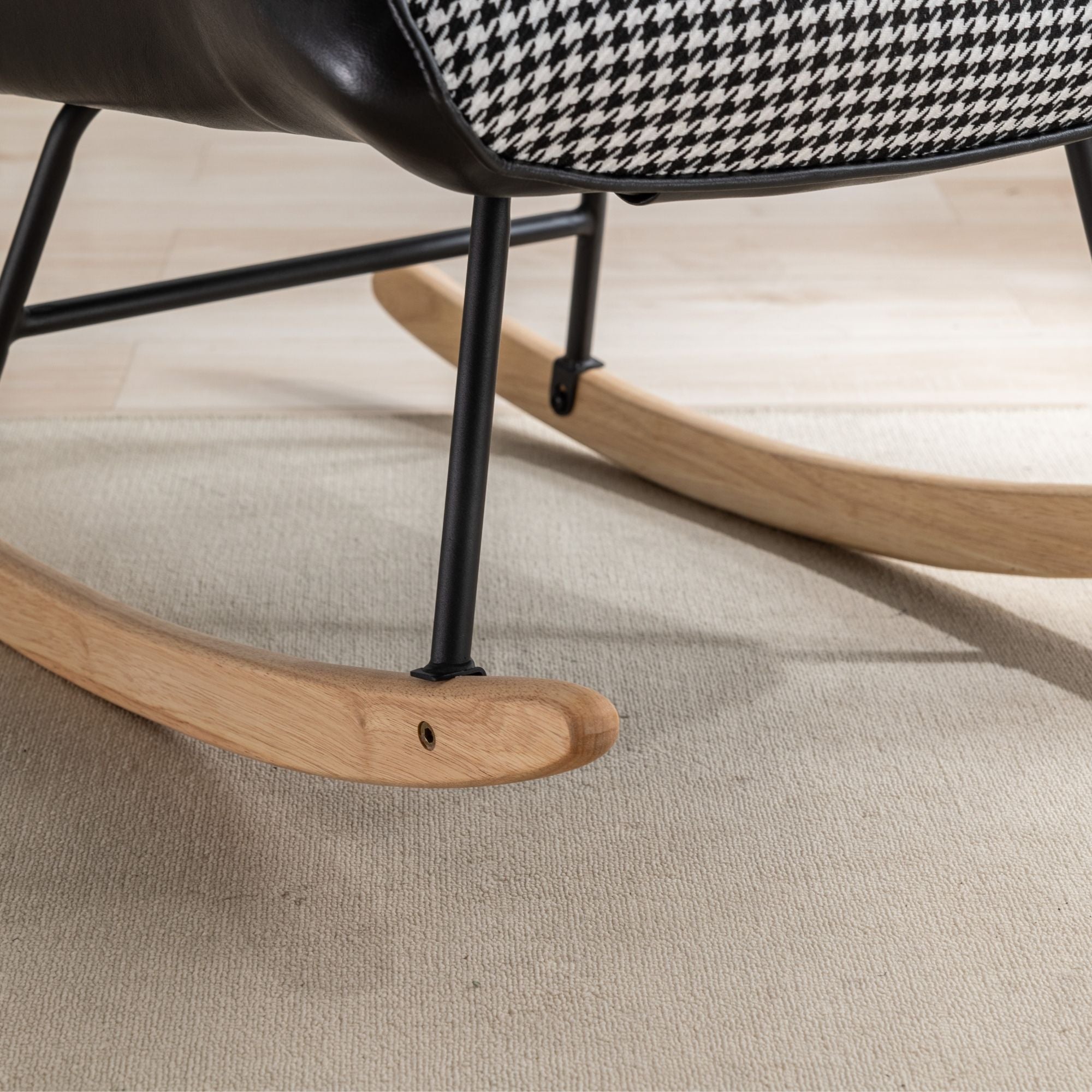 35.5-Inch Rocking Chair, Cozy Reading Chair with Houndstooth and Leather Upholstery, Comfortable Wingback Glider for Nursery, Living Room, Bedroom, or Balcony