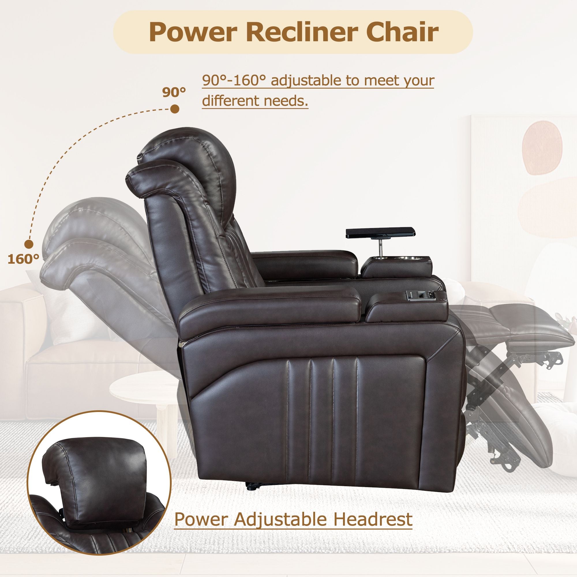 PU Leather Power Recliner with Adjustable Headrest, Wireless Charging, USB, Storage, Cup Holder & Tray