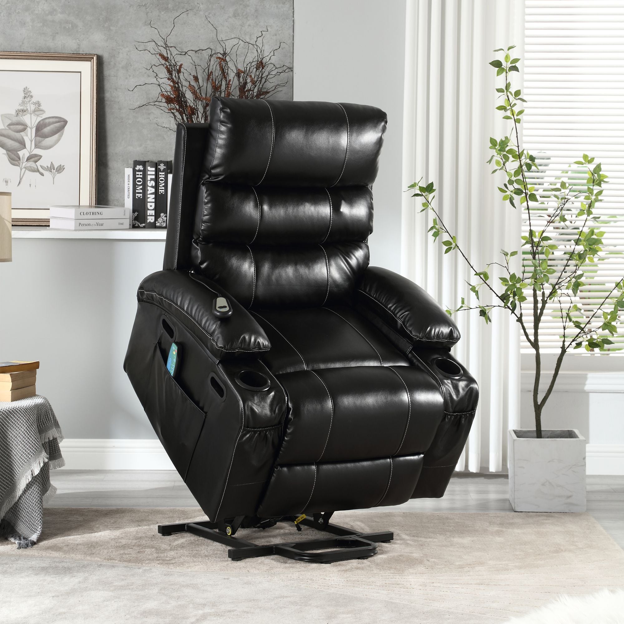 21" Wide Electric Lift Recliner for Elderly, Massage, Heat, Remote, Cup Holders, and Side Pockets