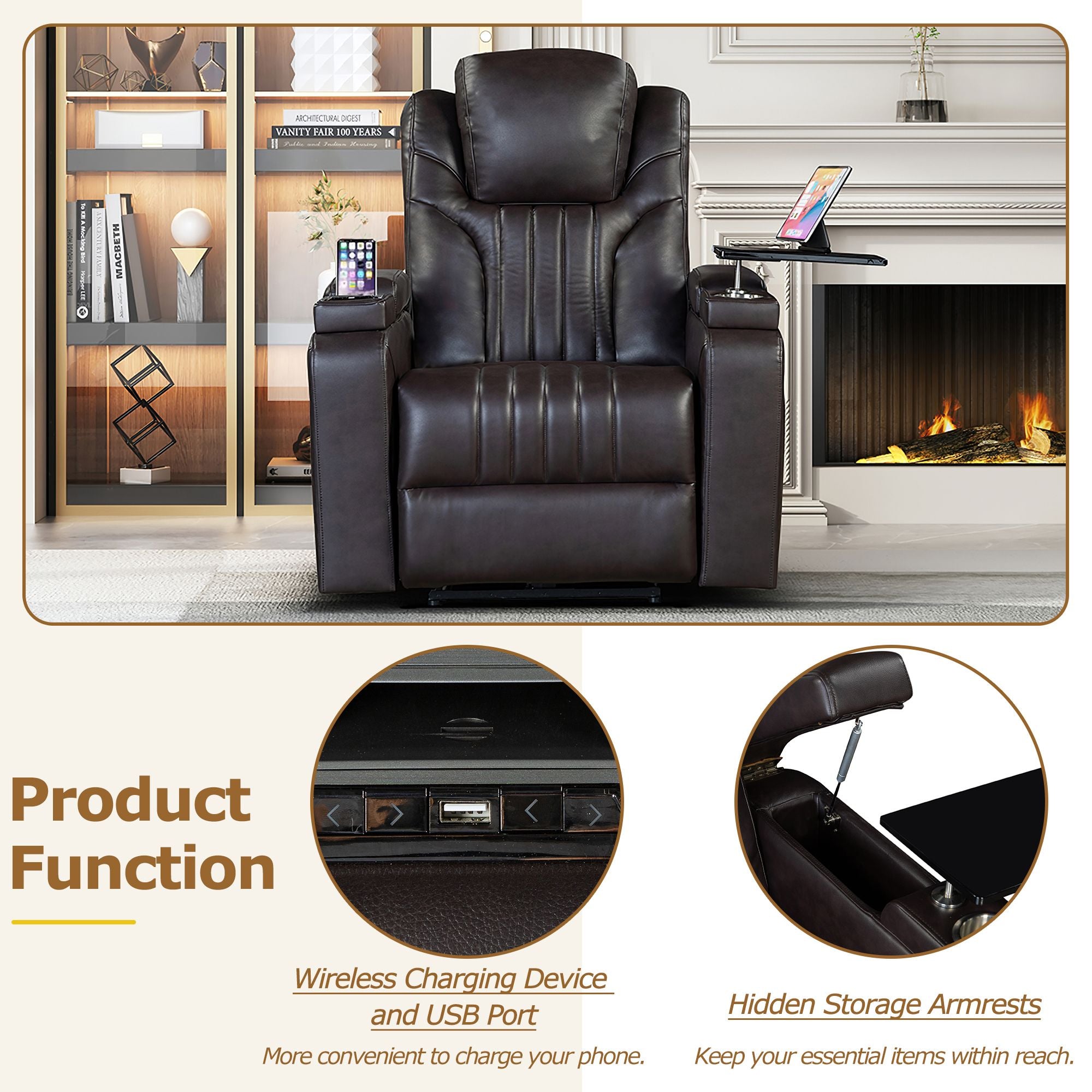 PU Leather Power Recliner with Adjustable Headrest, Wireless Charging, USB, Storage, Cup Holder & Tray