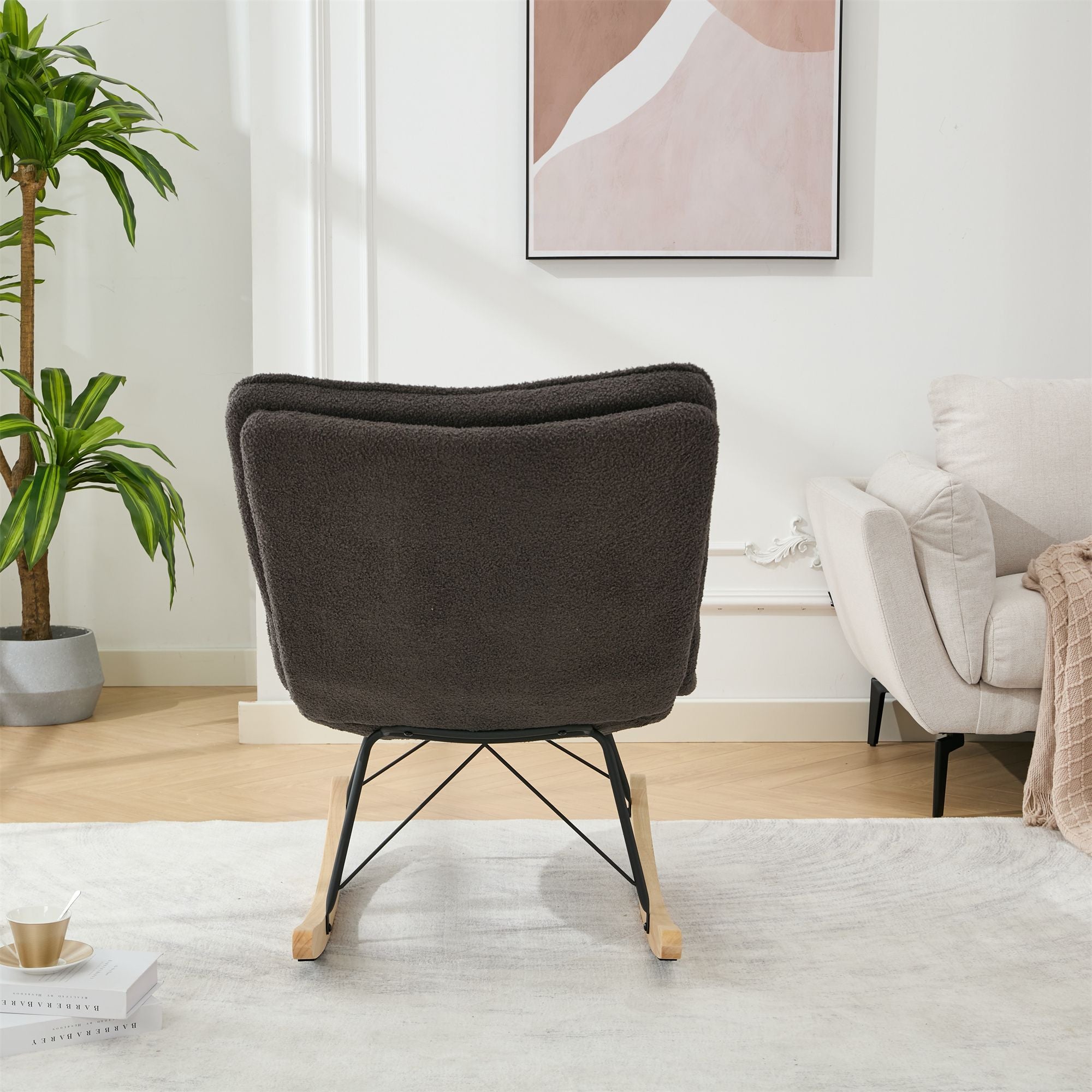 Armless Upholstered Lounge Chair with Wide Backrest and Wooden Rocking Base – Comfortable and Stylish