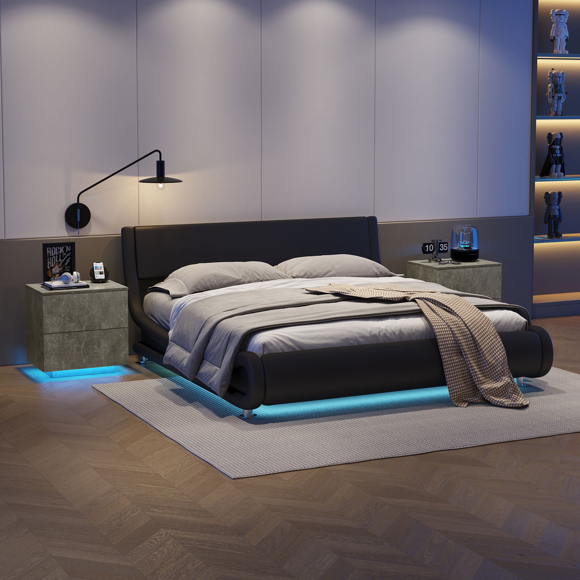 Nightstand with LED Strip Lights, Modern Bed Side Table with 2 Drawers, Grey