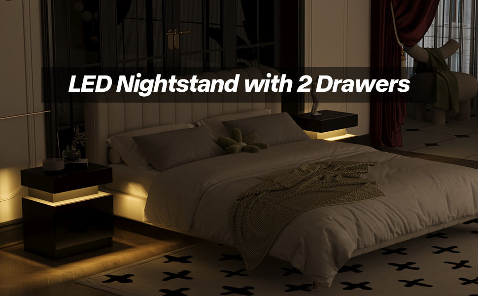 Modern Wood Black Nightstand for Bedroom Furniture with LED Light 2 Drawers Flipping Top Storage Bedside Table