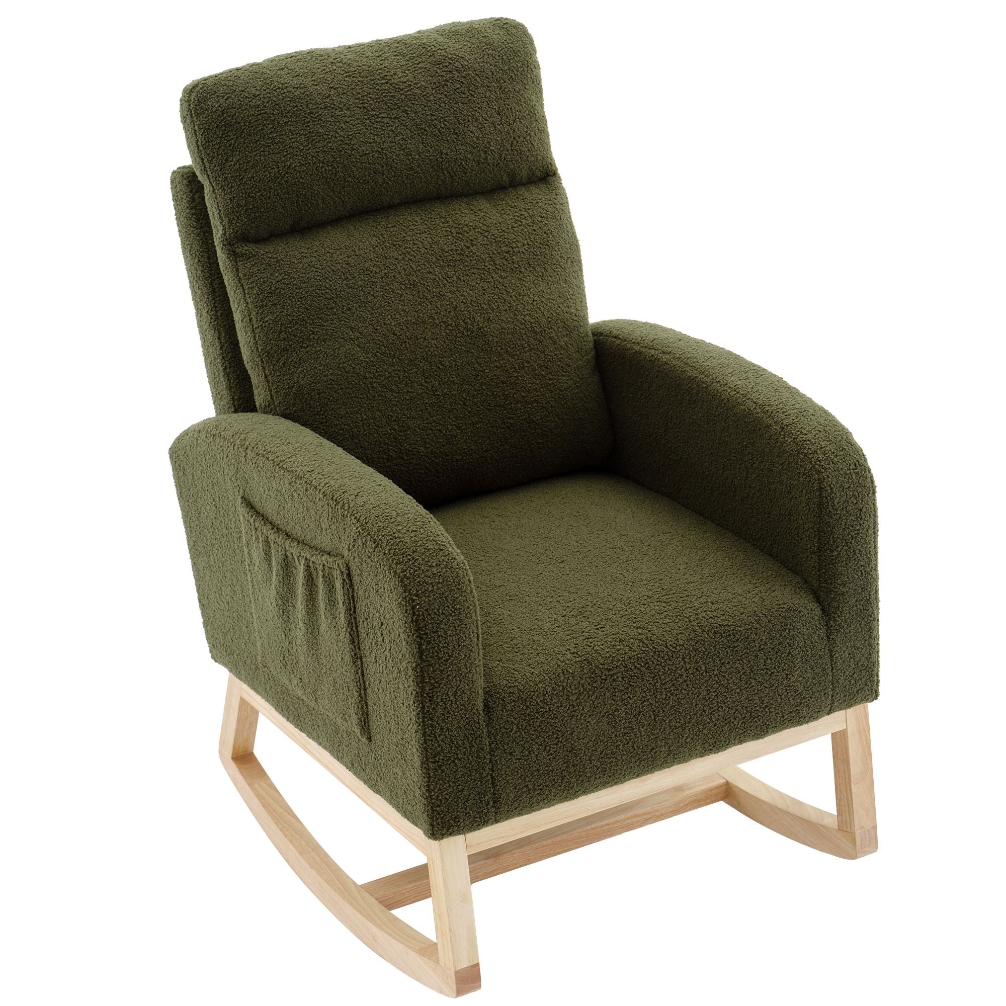 Modern Upholstered Rocking Chair with Solid Wood Legs, High Backrest, Side Pocket, and Comfy Armrests – Nursery Glider and Living Room Accent Chair