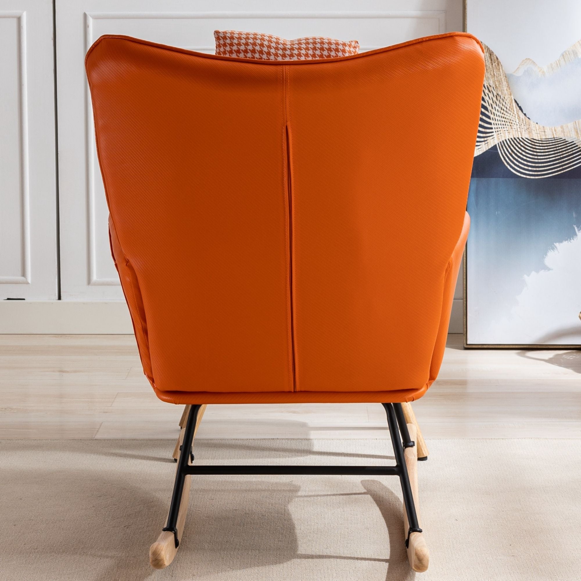 35.5-Inch Rocking Chair, Cozy Reading Chair with Houndstooth and Leather Upholstery, Comfortable Wingback Glider for Nursery, Living Room, Bedroom, or Balcony