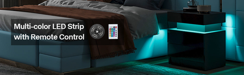 Modern Wood Black Nightstand for Bedroom Furniture with LED Light 2 Drawers Flipping Top Storage Bedside Table