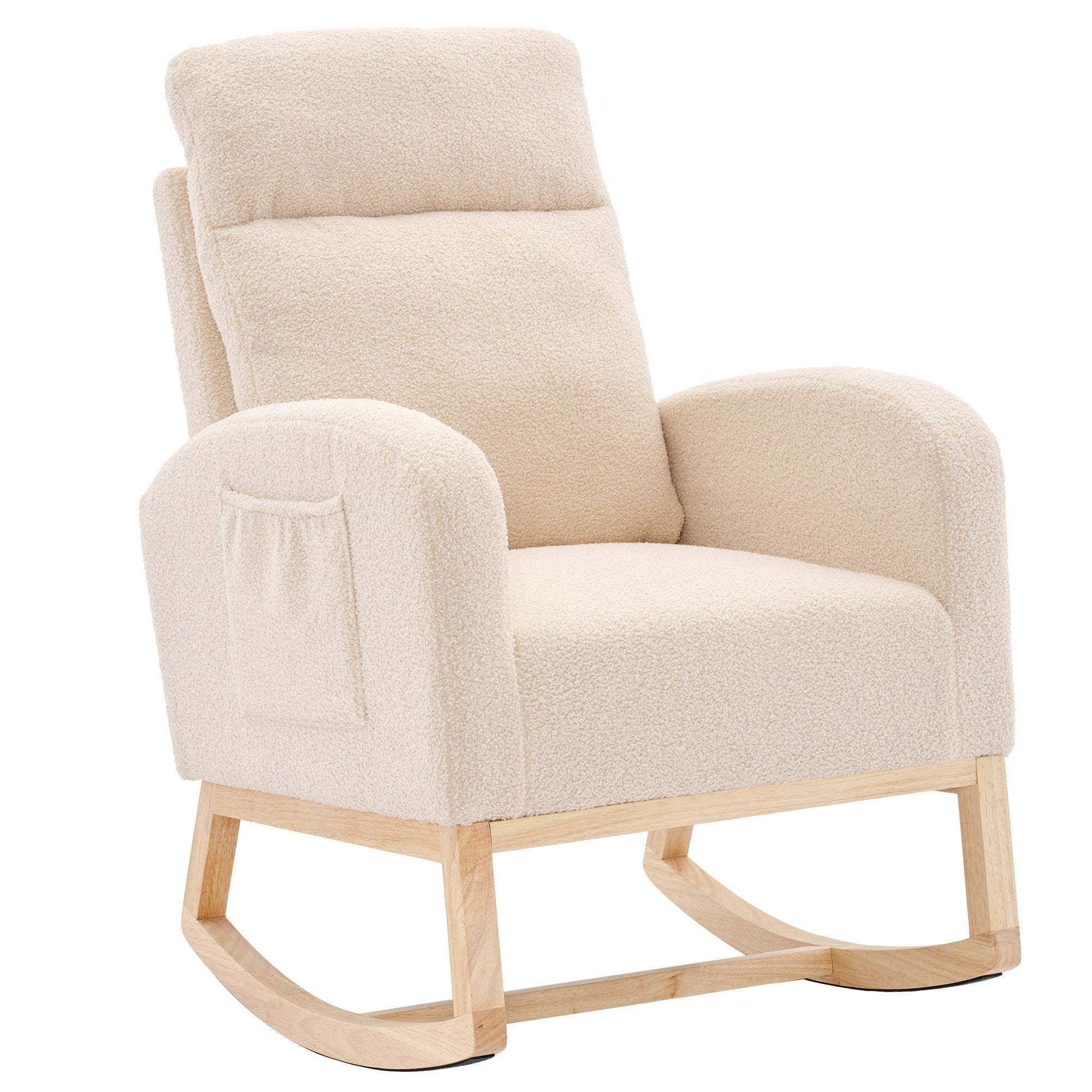 Modern Upholstered Rocking Chair with Solid Wood Legs, High Backrest, Side Pocket, and Comfy Armrests – Nursery Glider and Living Room Accent Chair