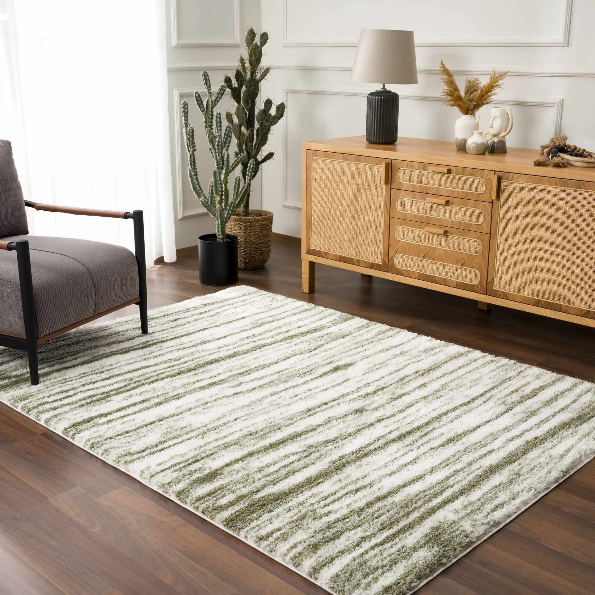 Lucus Green & White Shag Area Rug – Plush Modern Abstract Rug by Hauteloom