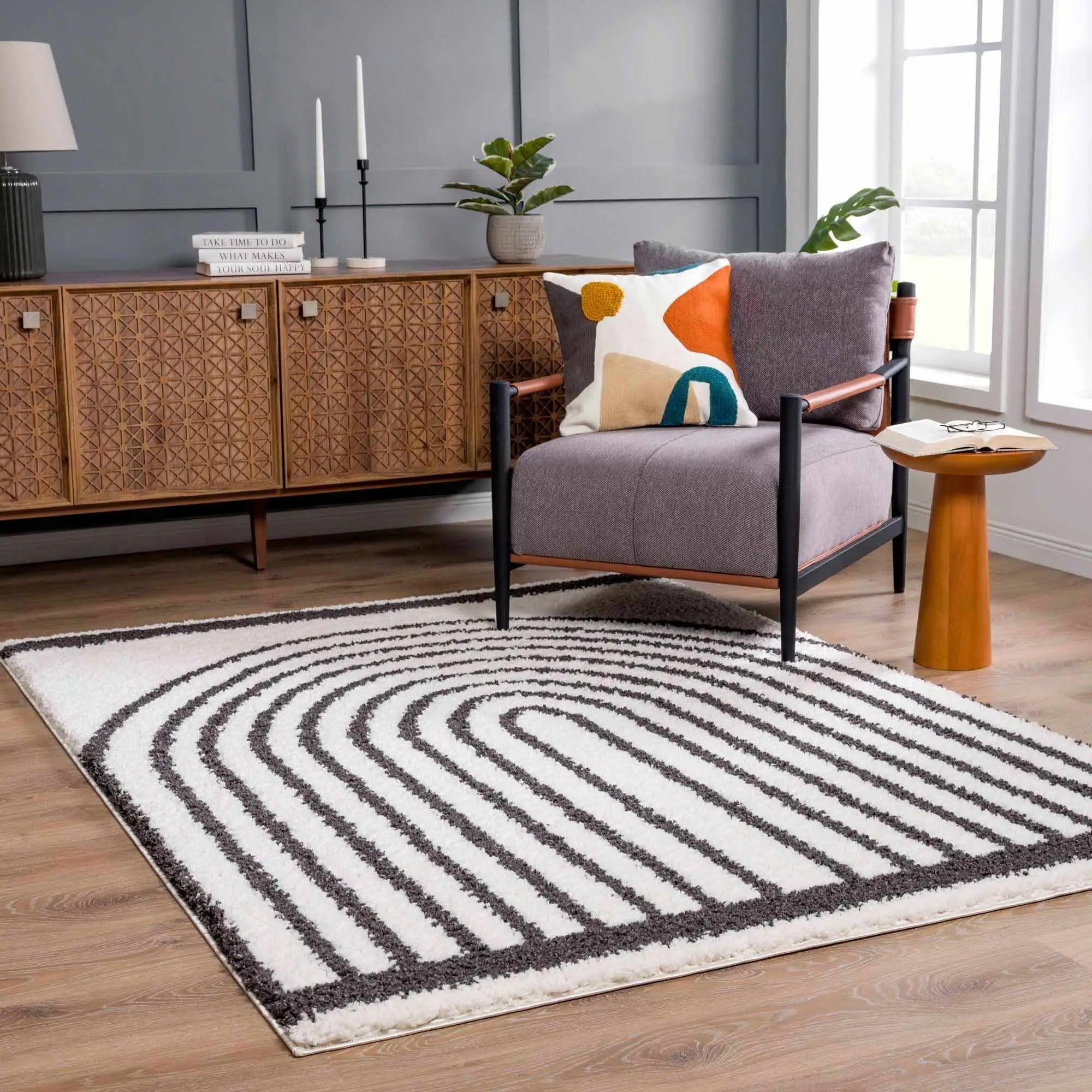 Bauer Black Rainbow Shag Area Rug – Plush Modern White Rug by Hauteloom