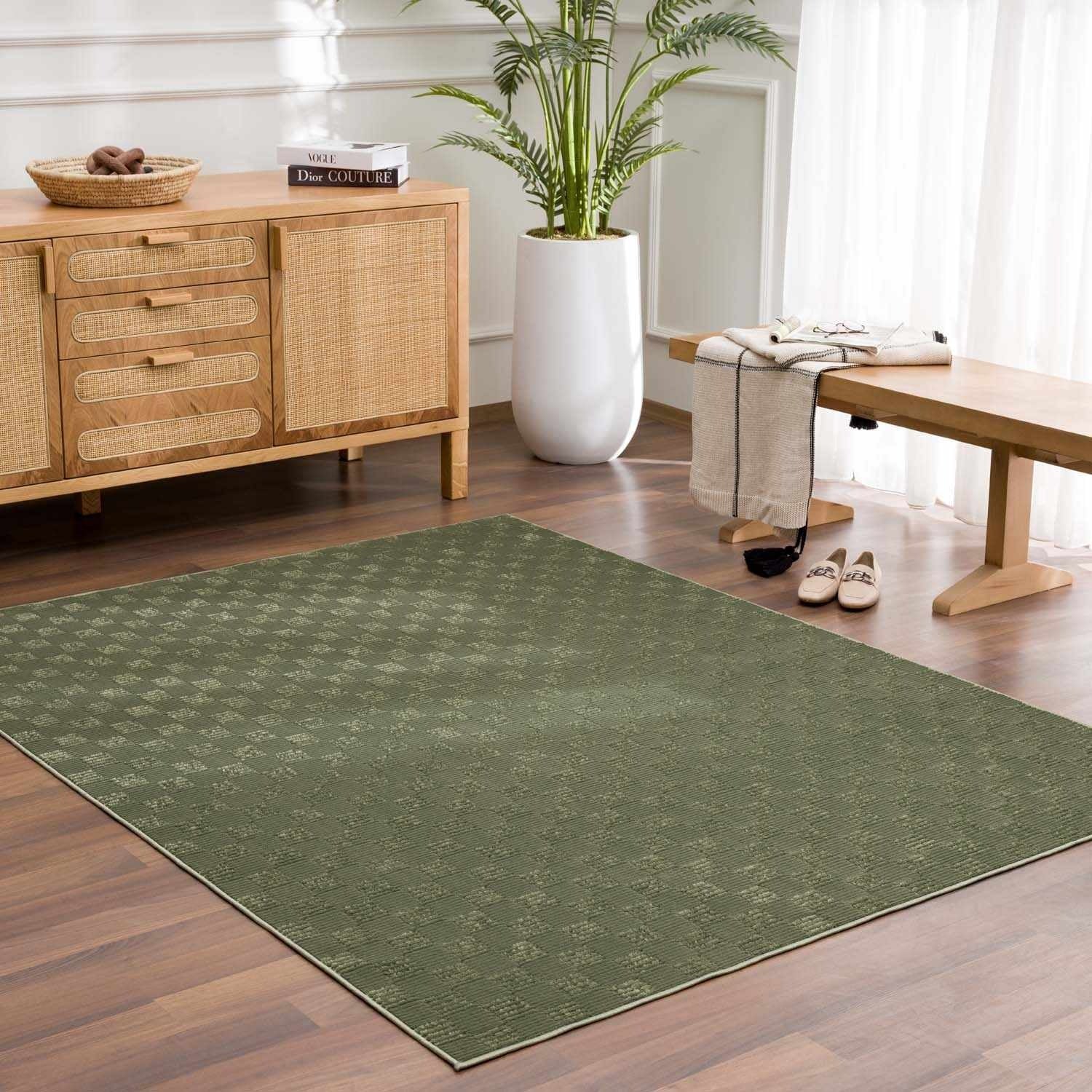 Truls Green Gambit Washable Checkered Rug – Durable Low Pile Modern Rug