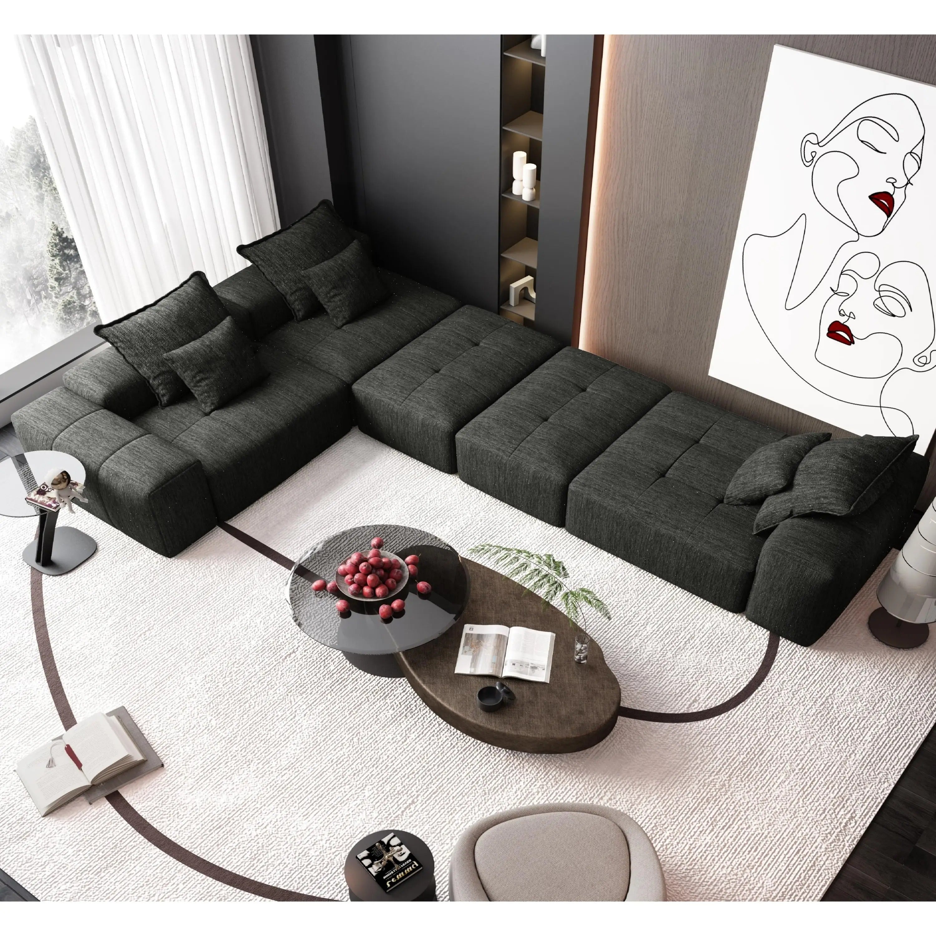 Modern Oversized Modular Sectional Sofa – Black Chenille Tufted Couch with 6 Pillows, 6-Piece DIY Combination, No Assembly Required