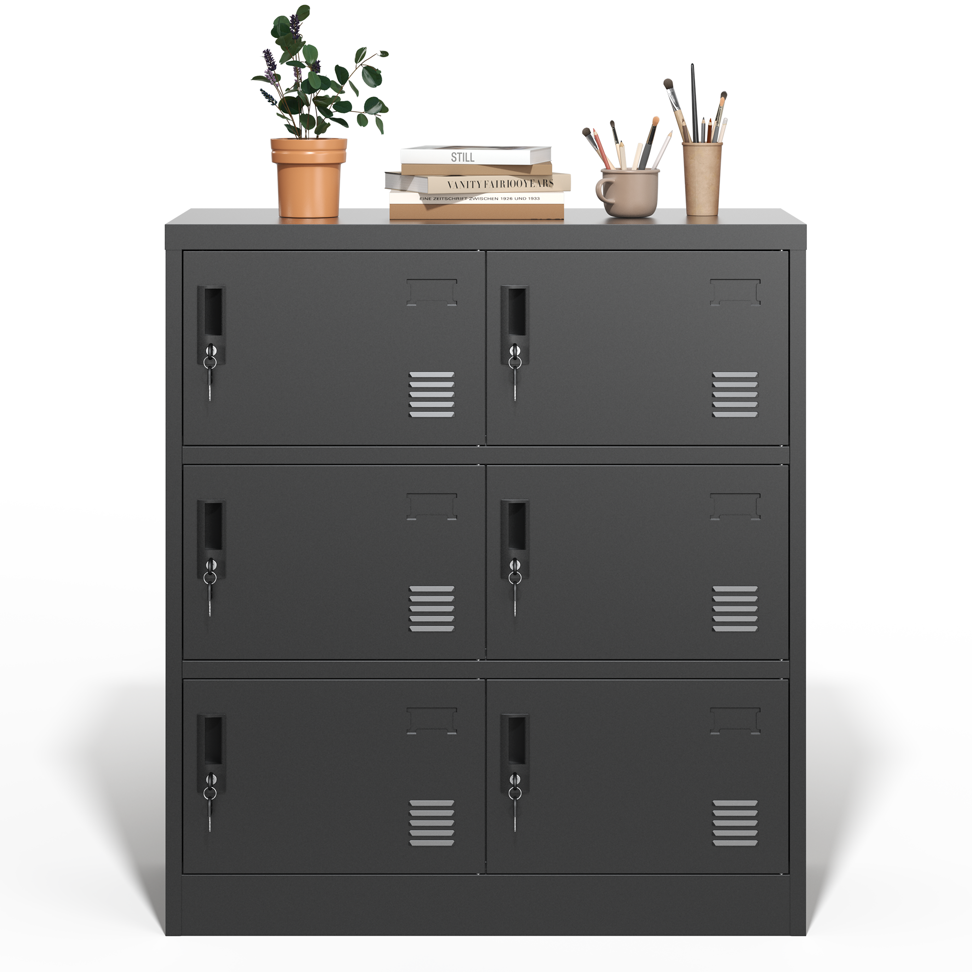6-Door Black Metal Storage Locker with Lock & Card Slot – Secure, Durable Organizer for Office, Gym, School, or Home