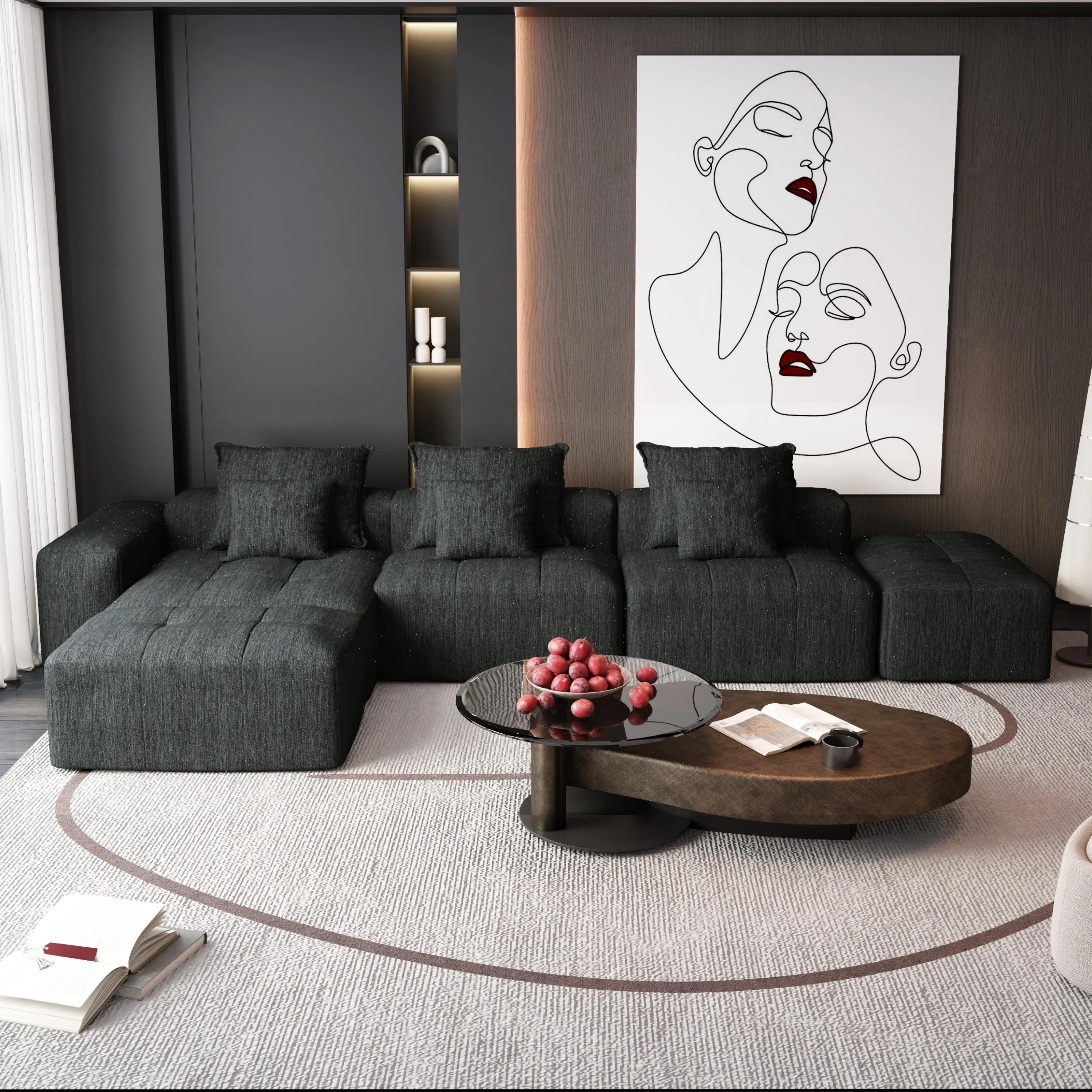 Modern Oversized Modular Sectional Sofa – Black Chenille Tufted Couch with 6 Pillows, 6-Piece DIY Combination, No Assembly Required