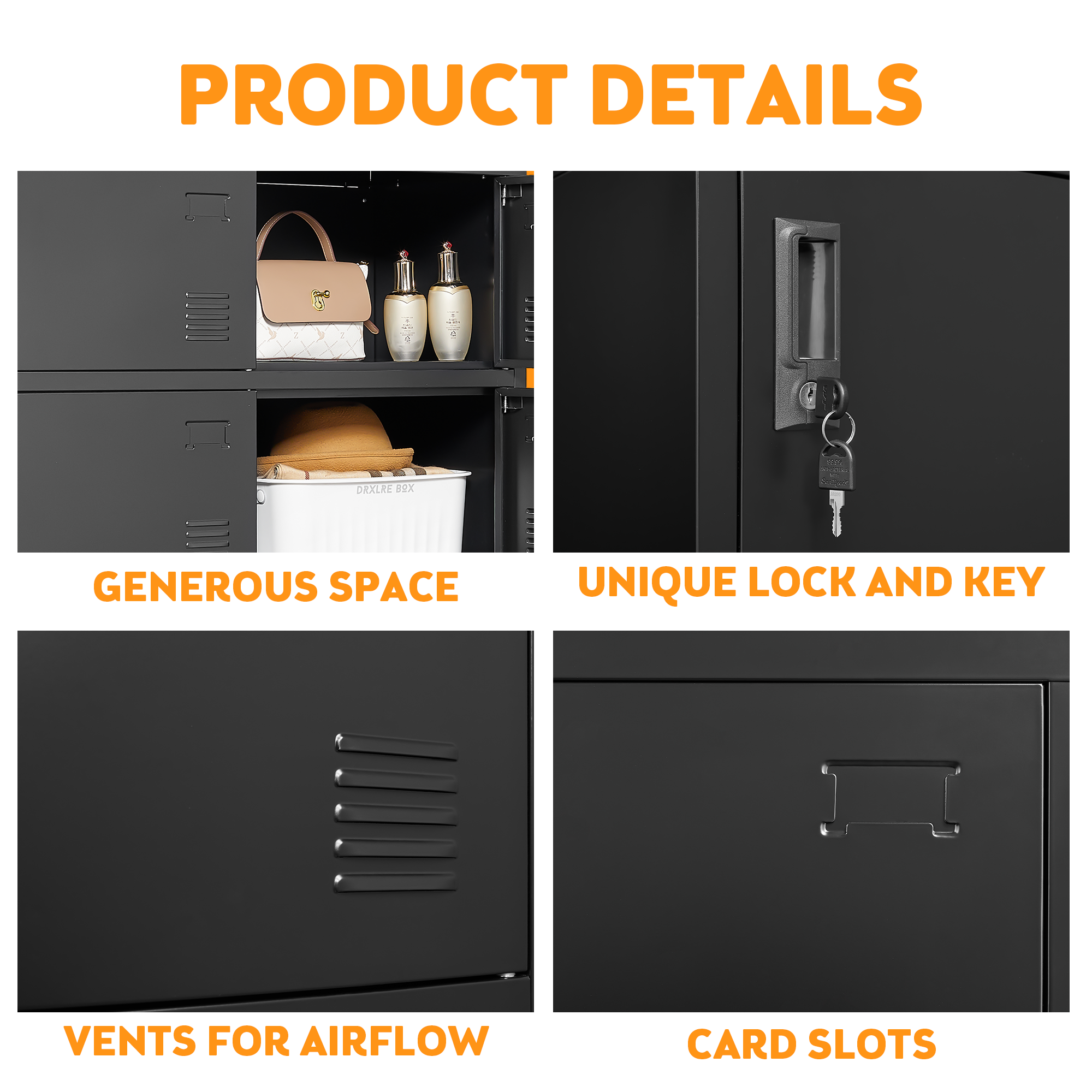 6-Door Black Metal Storage Locker with Lock & Card Slot – Secure, Durable Organizer for Office, Gym, School, or Home