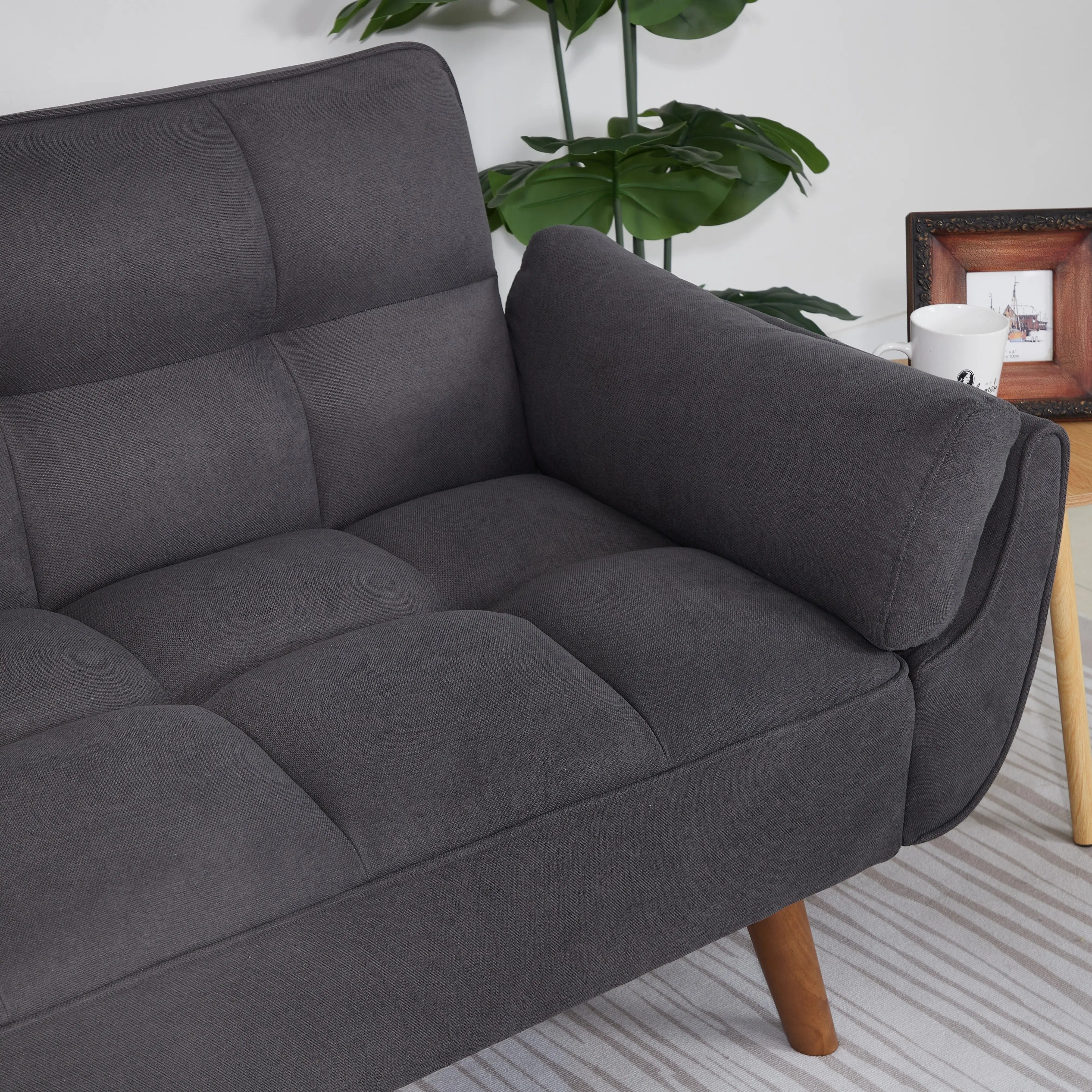 Homy Casa Dark Gray Linen Sofa – 500LBS Heavy-Duty, Solid Wood Frame, Modern Upholstered Couch with Under-Seat Storage