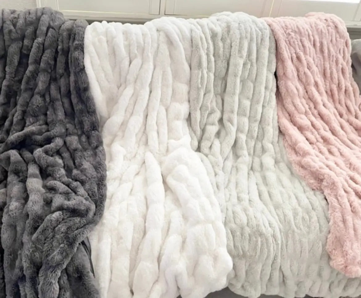 Soft Ruched Faux Fur Throw Blanket – Set Of 2 Ultra Plush Cozy Reversible Minky Blanket, 50x60", Multiple Colors