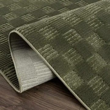 Truls Green Gambit Washable Checkered Rug – Durable Low Pile Modern Rug