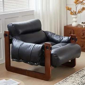 Wide Oil Wax Leather Accent Chair – Solid Wood Upholstered Lounge Chair, American Vintage Retro Design with Deep Seat & Plush Cotton Comfort