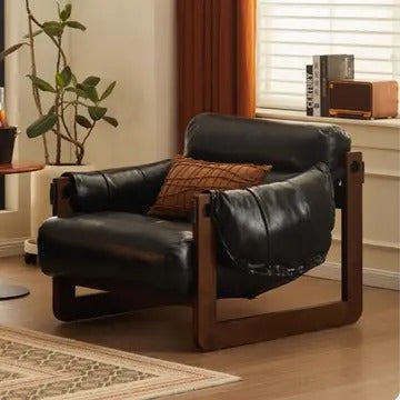 Wide Oil Wax Leather Accent Chair – Solid Wood Upholstered Lounge Chair, American Vintage Retro Design with Deep Seat & Plush Cotton Comfort