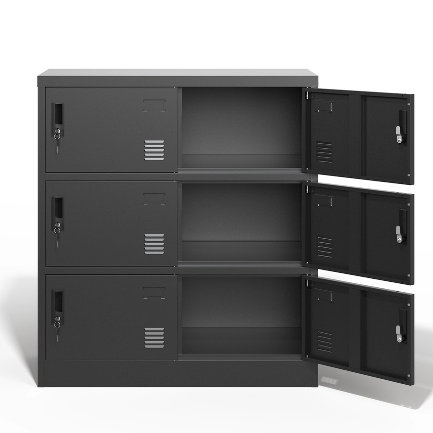 6-Door Black Metal Storage Locker with Lock & Card Slot – Secure, Durable Organizer for Office, Gym, School, or Home