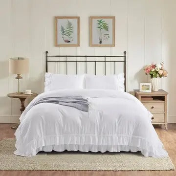 3-Piece Pre-Washed Microfiber Duvet Cover Set with Handmade Ruffle Fringe – Farmhouse Vintage Bedding