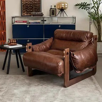 Wide Oil Wax Leather Accent Chair – Solid Wood Upholstered Lounge Chair, American Vintage Retro Design with Deep Seat & Plush Cotton Comfort