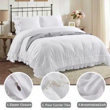 3-Piece Pre-Washed Microfiber Duvet Cover Set with Handmade Ruffle Fringe – Farmhouse Vintage Bedding