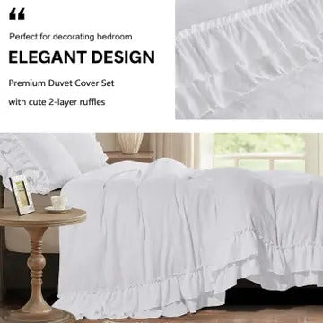 3-Piece Pre-Washed Microfiber Duvet Cover Set with Handmade Ruffle Fringe – Farmhouse Vintage Bedding