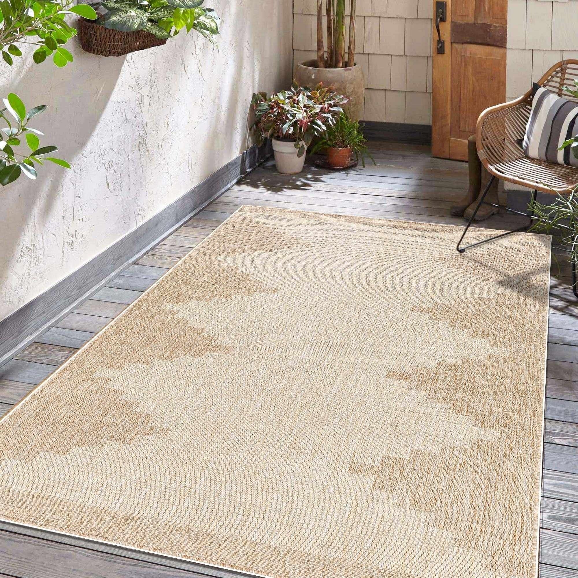 Djugun Beige Aztec Geometric Indoor/Outdoor Rug – Durable No-Pile Patio & Deck Rug by Hauteloom