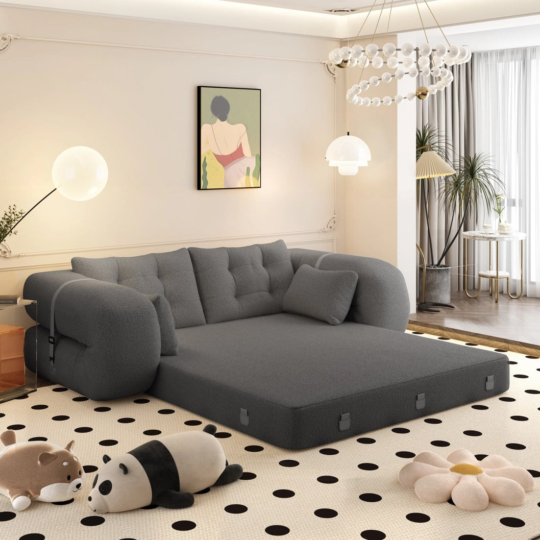 Human Dog Bed – 3-in-1 Foldable Sofa Couch, Grey Teddy Fabric Sleeper Sofa Bed for Living Room, Guest Room, or Playroom, 78.7” Multi-Functional Lazy Floor Sofa