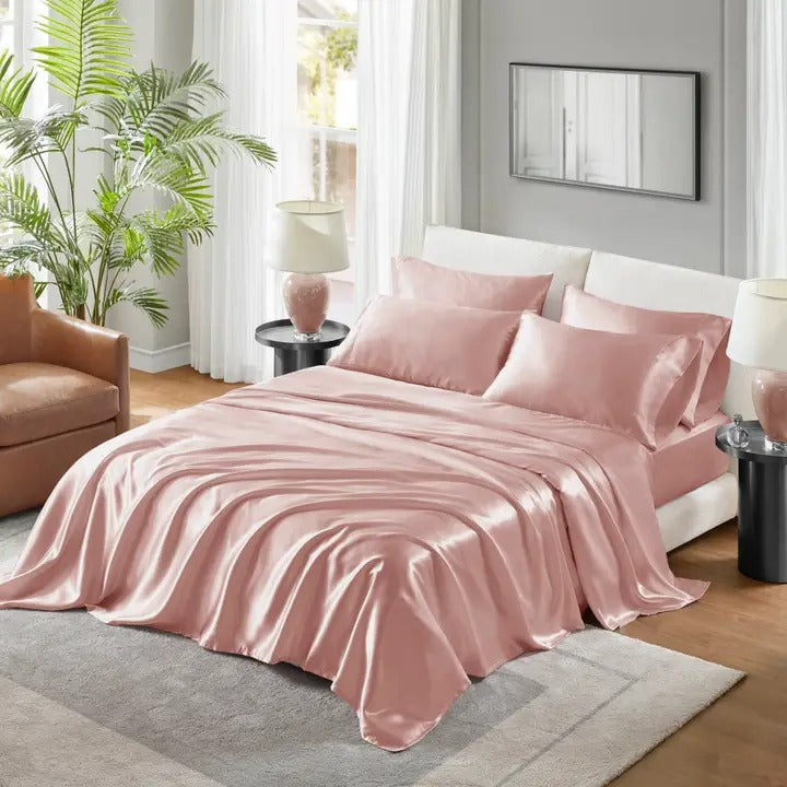 Luxury Satin 6-Piece Sheet Set – Silky Smooth, Wrinkle-Free, OEKO-TEX Certified, Blush Pink (Full, Queen, King, Cal King)