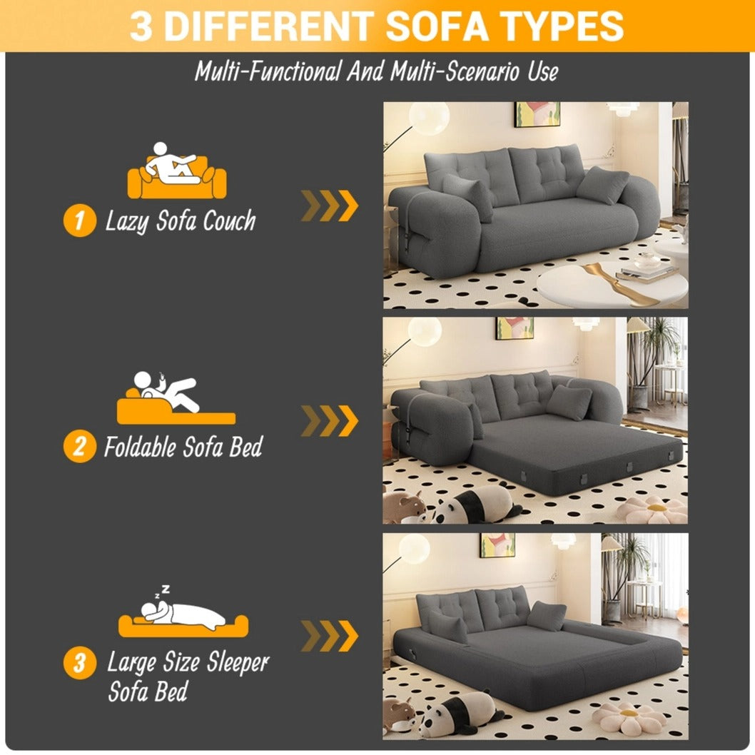 Human Dog Bed – 3-in-1 Foldable Sofa Couch, Grey Teddy Fabric Sleeper Sofa Bed for Living Room, Guest Room, or Playroom, 78.7” Multi-Functional Lazy Floor Sofa