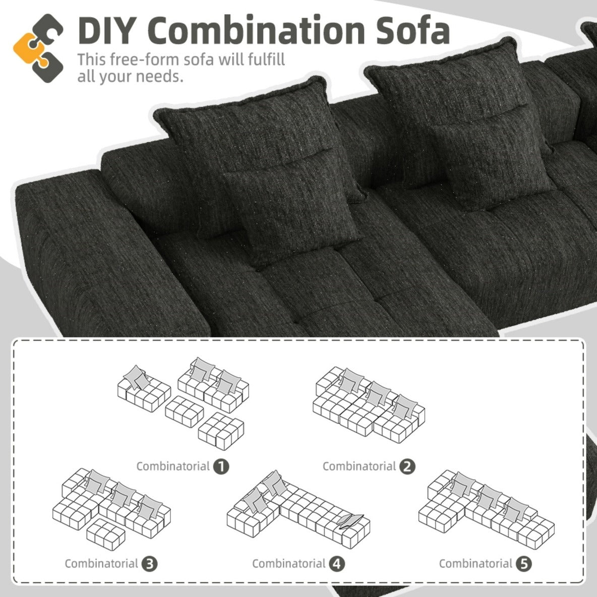 Modern Oversized Modular Sectional Sofa – Black Chenille Tufted Couch with 6 Pillows, 6-Piece DIY Combination, No Assembly Required