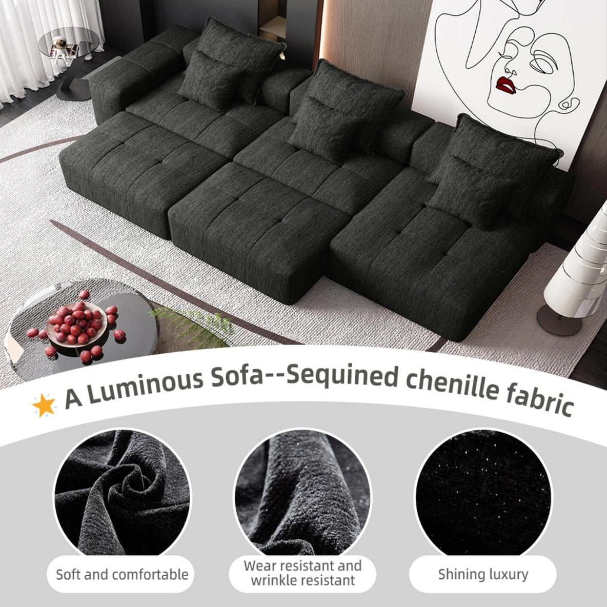 Modern Oversized Modular Sectional Sofa – Black Chenille Tufted Couch with 6 Pillows, 6-Piece DIY Combination, No Assembly Required