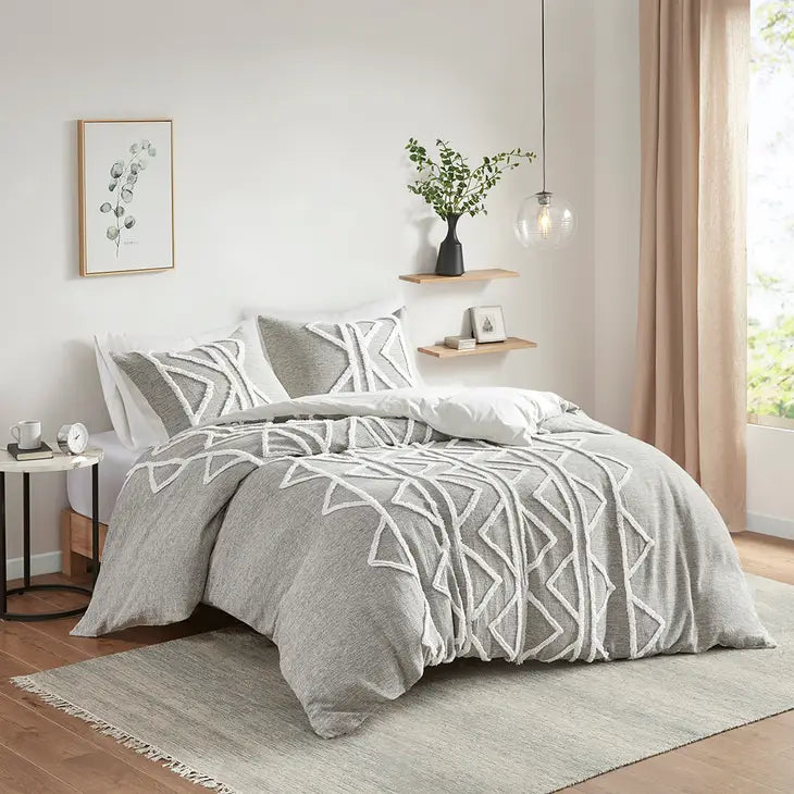 Chambray Tufted Comforter/Duvet Cover Mini Set, Grey