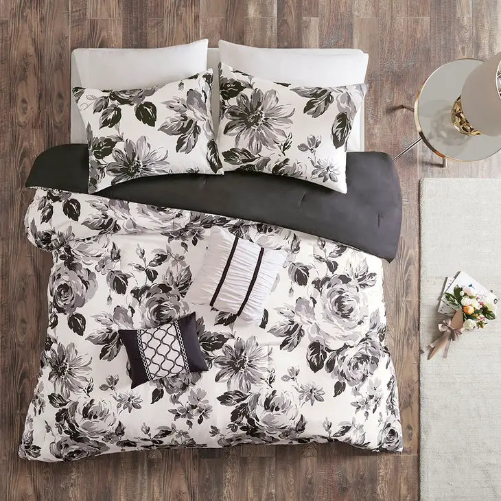 Black and White Floral Comforter/Duvet Cover Set