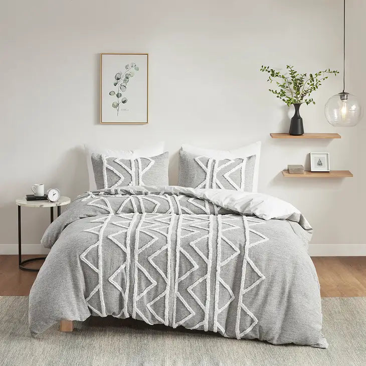 Chambray Tufted Comforter/Duvet Cover Mini Set, Grey