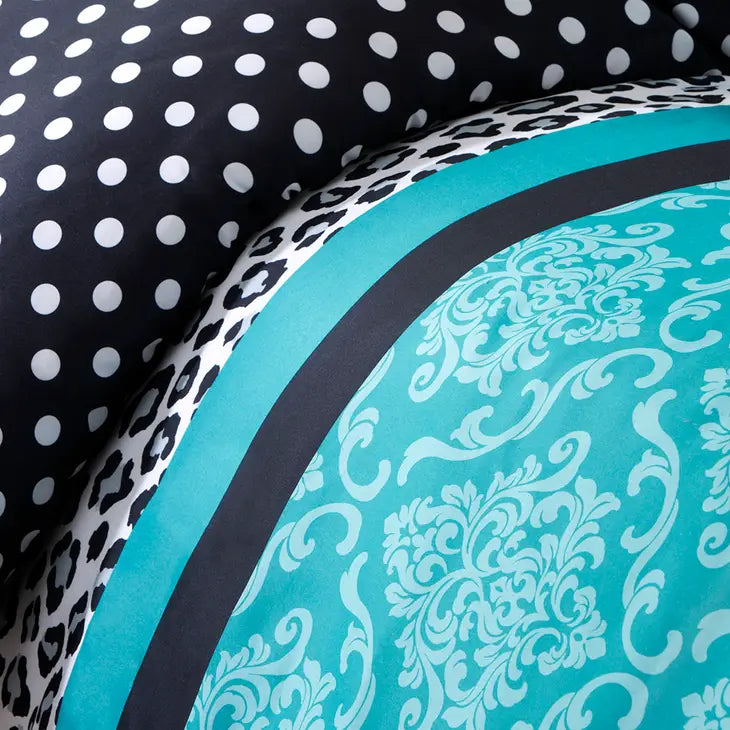 Leopard Damask 4-Piece Comforter Set, Teal Blue
