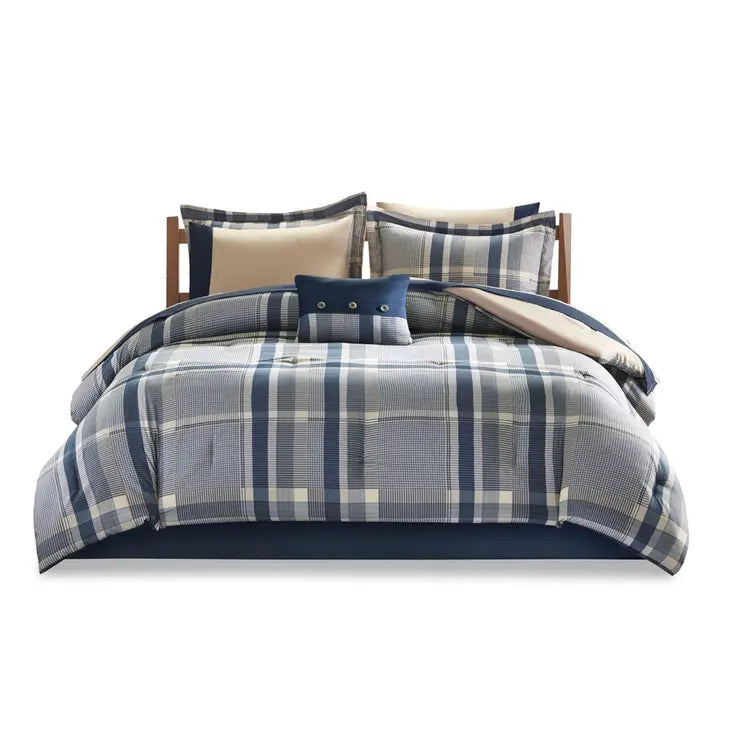 Navy Plaid Complete Comforter and Sheet Set, Blue