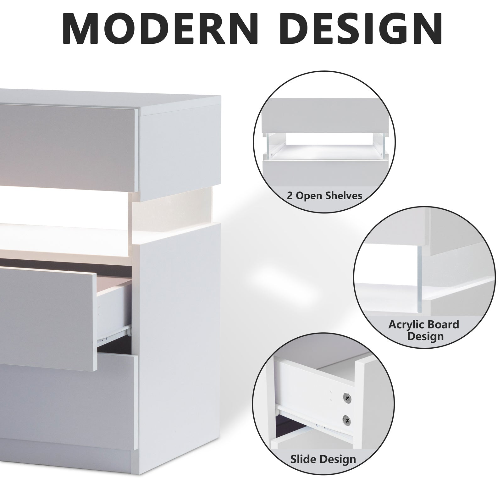 LED Nightstand 3 Drawer Dresser for Bedroom End Table with Acrylic (White)