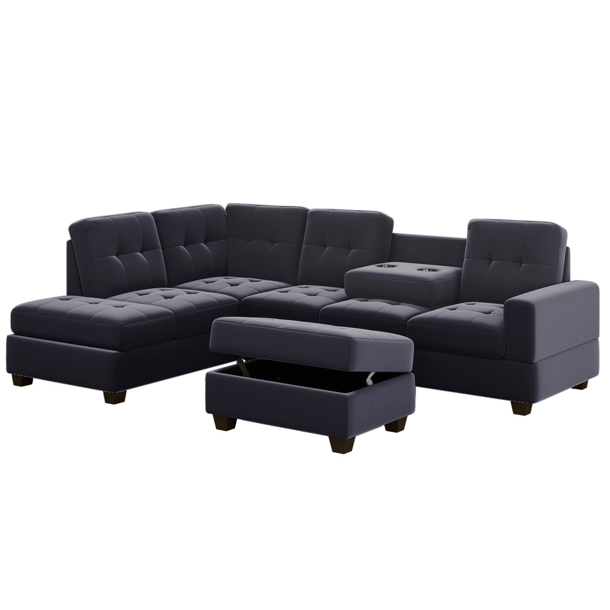 Modern Sectional Sofa with Reversible Chaise; L Shaped Couch Set with Storage Ottoman and Two Cup Holders for Living Room