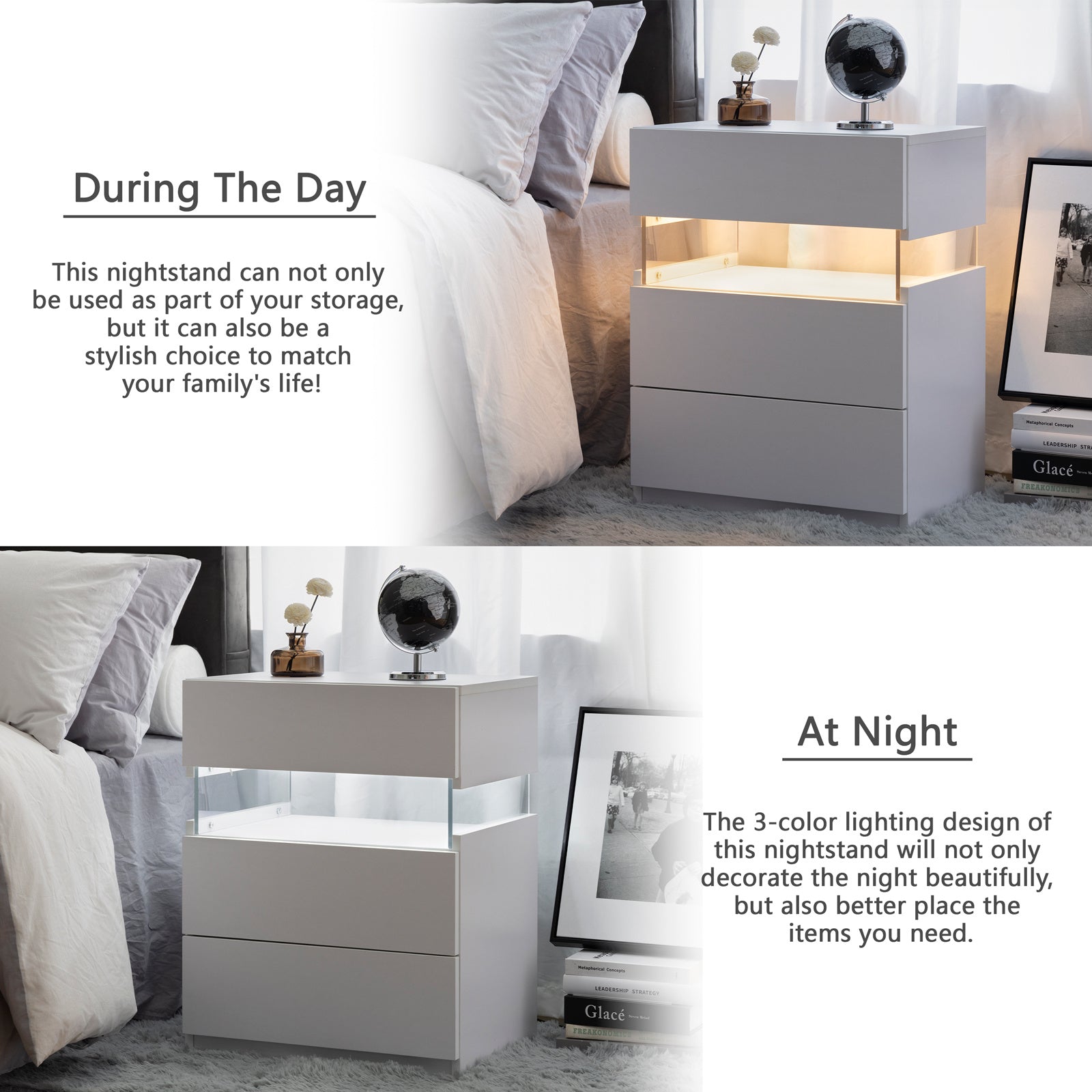 LED Nightstand 3 Drawer Dresser for Bedroom End Table with Acrylic (White)