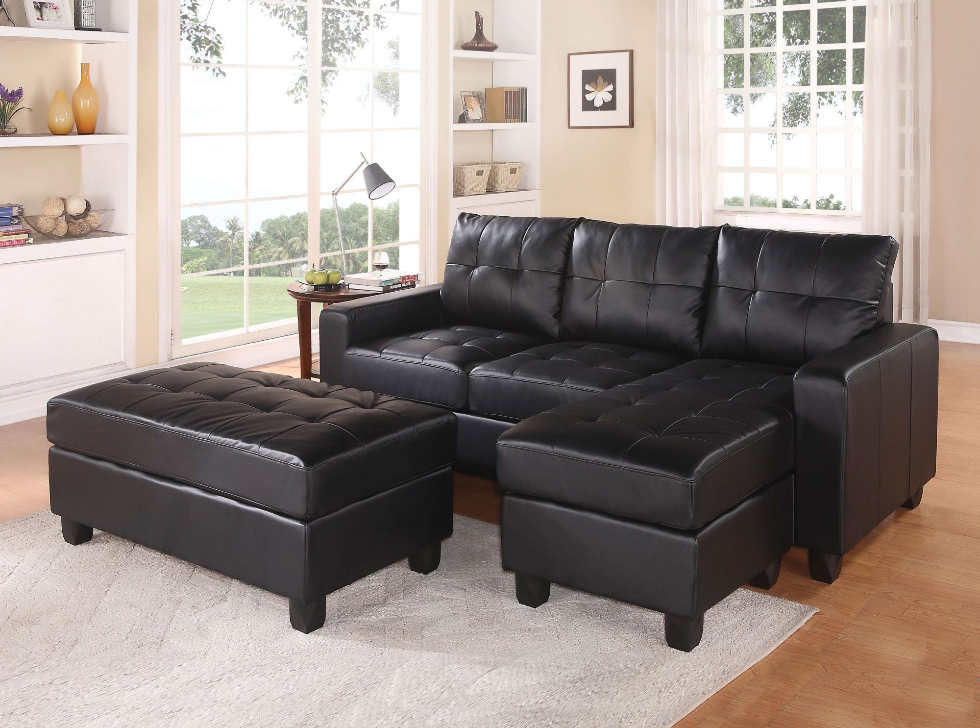 Lyssa Sectional Sofa & Ottoman in Black Bonded Leather Match