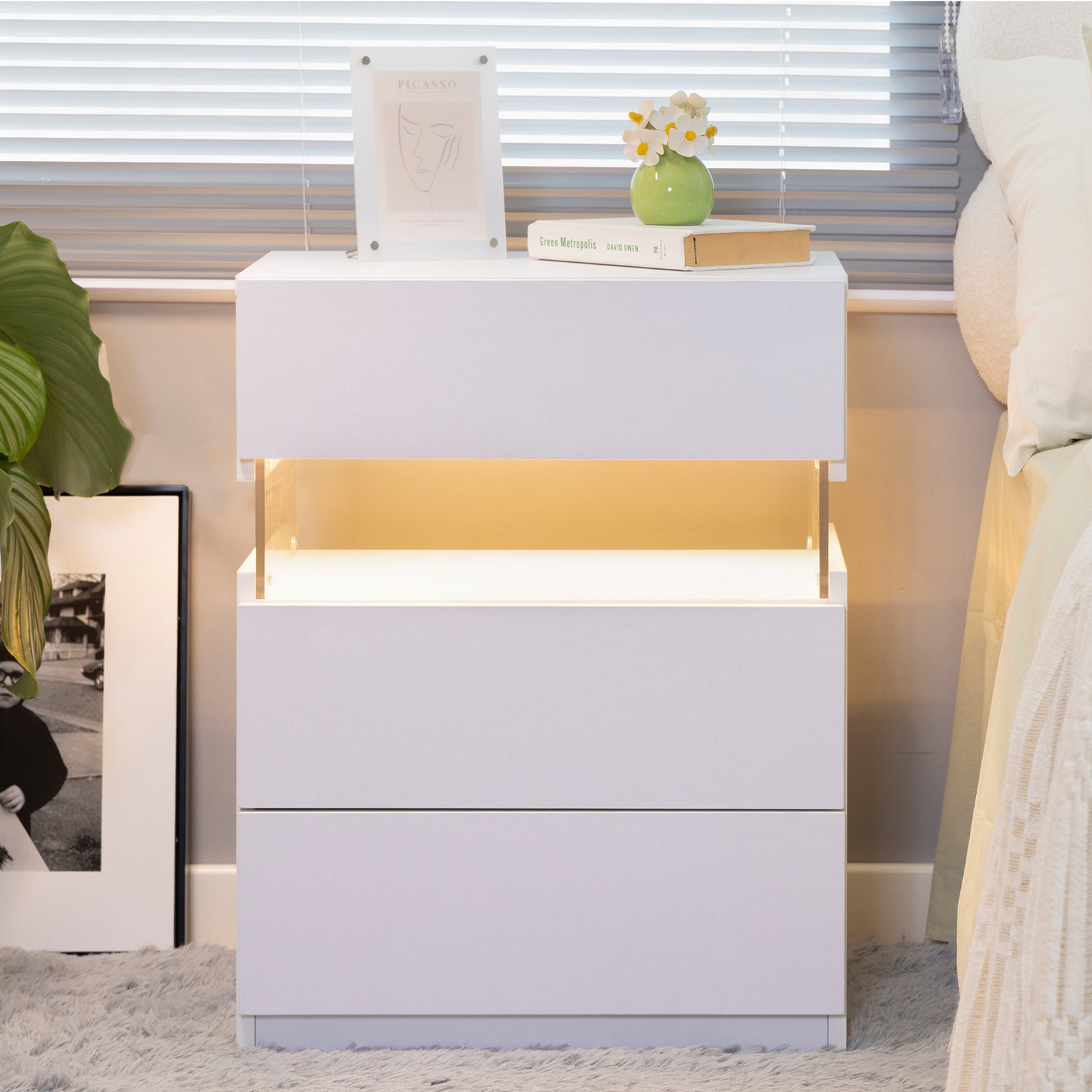 LED Nightstand 3 Drawer Dresser for Bedroom End Table with Acrylic (White)