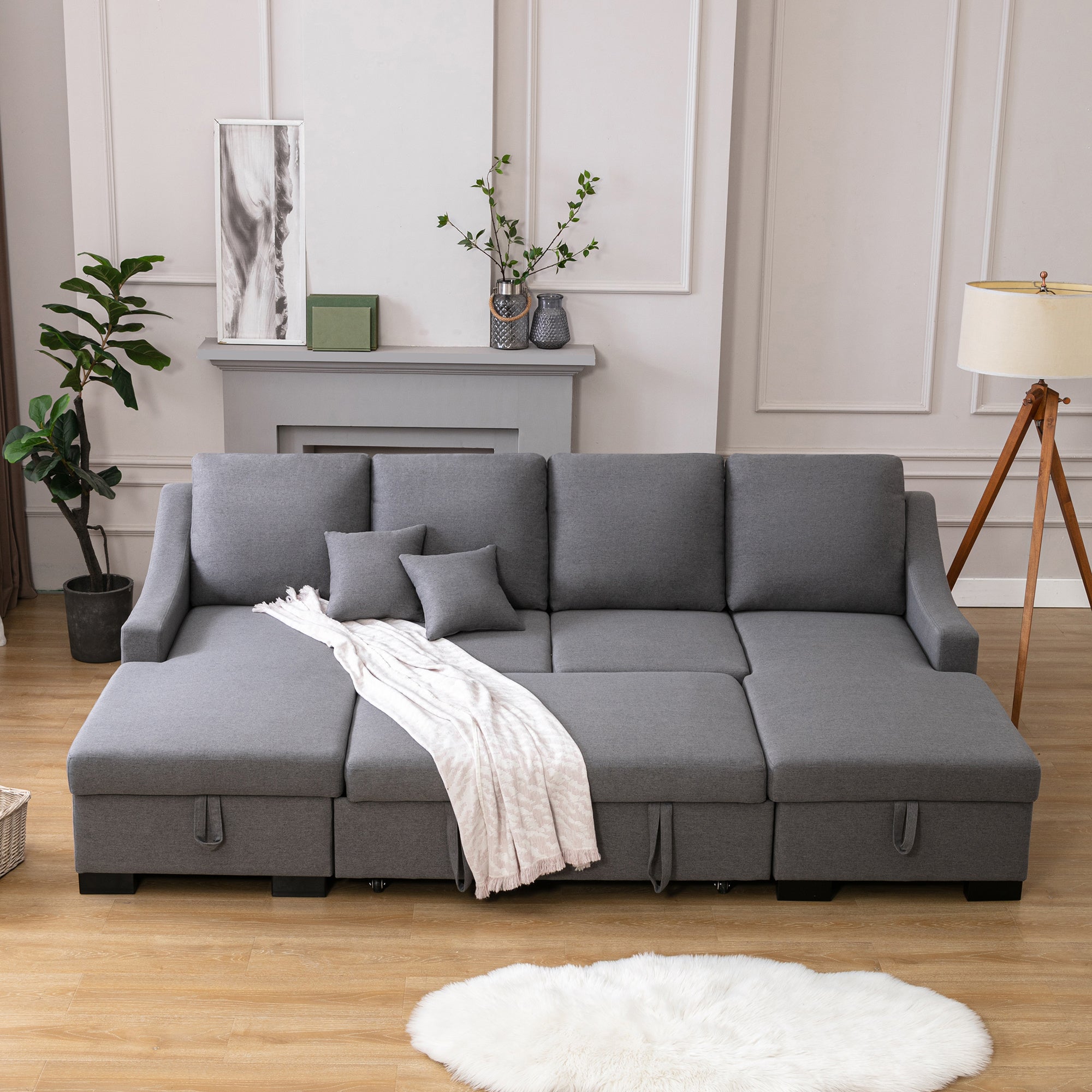 Upholstery Sleeper Sectional Sofa with Double Storage Spaces;  2 Tossing Cushions