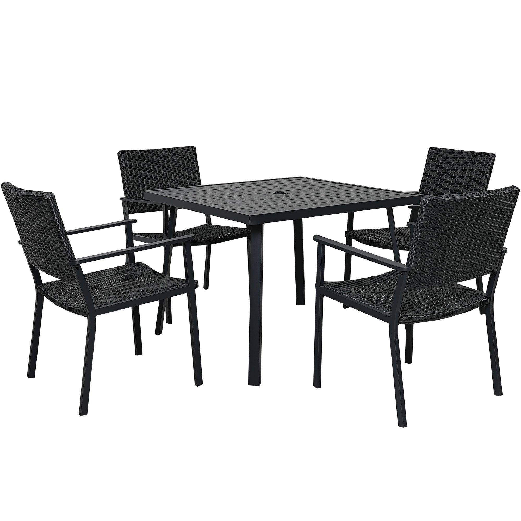 Outdoor Patio PE Wicker 5-Piece Dining Table Set with Umbrella Hole and 4 Dining Chairs for Garden, Deck,Black Frame+Black Rattan