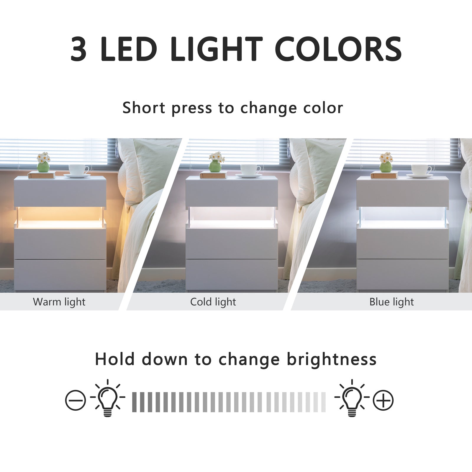 LED Nightstand 3 Drawer Dresser for Bedroom End Table with Acrylic (White)