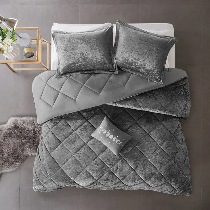 Crushed Velvet 4-Piece Comforter or Duvet Cover Set, Grey